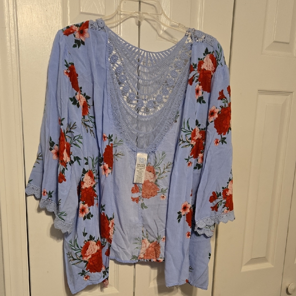 Time and Tru Blue Floral Lace Women's Blouse